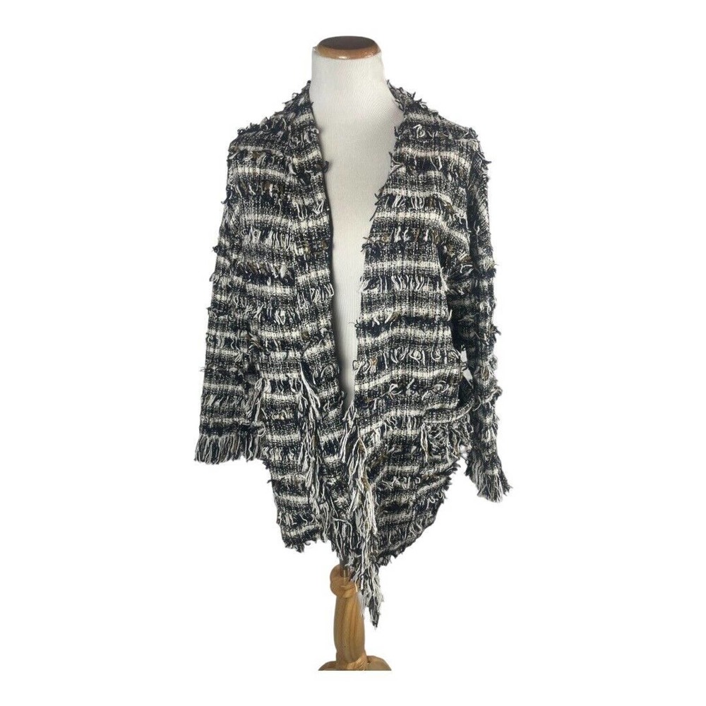 Zara Tweed Open Front Fringe Navy Blazer Jacket S‎ Oversized - Picture 2 of 6